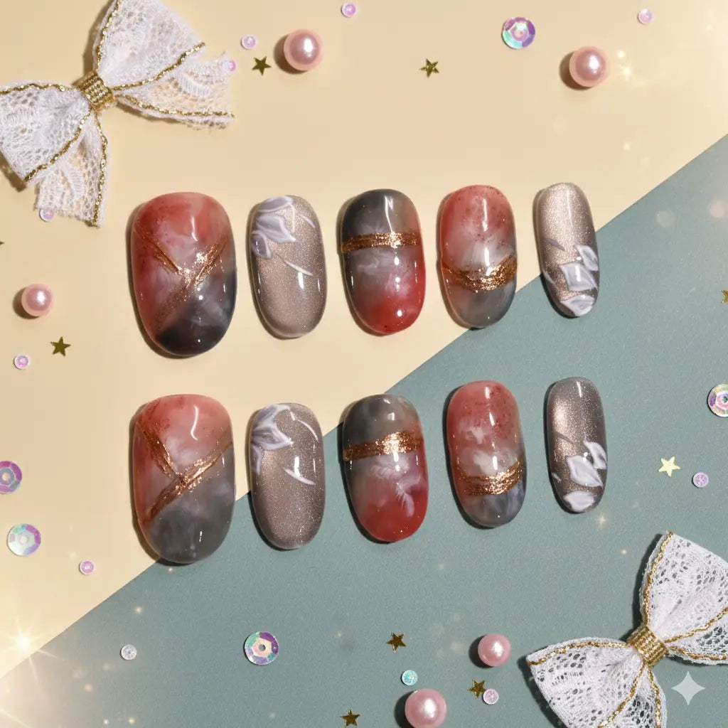 Midnight Maple & Mist | Handmade Wafu Marble Press-On Nails