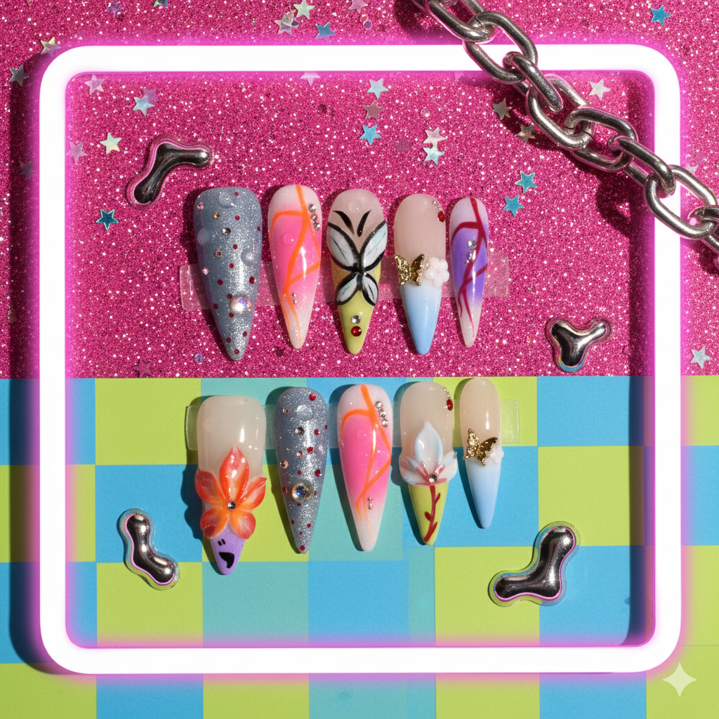 Long Stiletto Abstract Floral & Glitter Galaxy Press-On Nails with 3D Butterfly Charm | b3B84