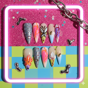 Long Stiletto Abstract Floral & Glitter Galaxy Press-On Nails with 3D Butterfly Charm | b3B84