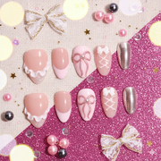 Blush Bow Ballet | Short Almond Pink Press-On Nails with 3D Bow, Lace & Pearl Details