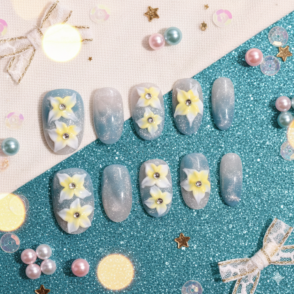 Seafoam Daffodil | Medium Oval Blue-Green Press-On Nails with Yellow Floral Accents & Crystal Centers