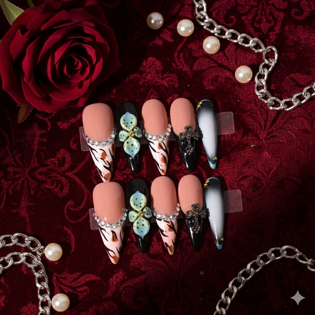 Obsidian Petal – Long Stiletto Press-On Nails | b3B60