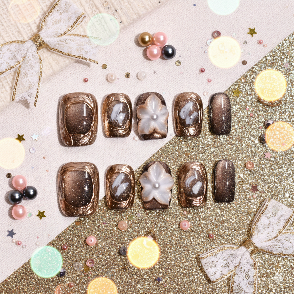 Gilded Cocoa Bloom | Short Square Bronze Press-On Nails with Sculpted Floral Accent